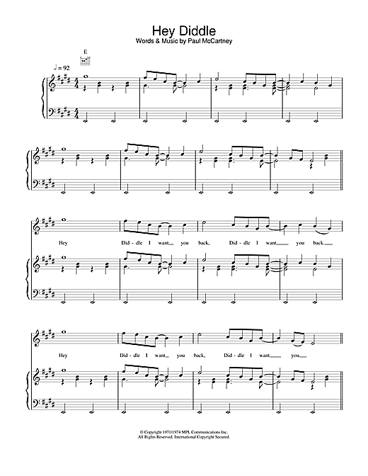 Preview Paul McCartney & Wings Hey Diddle Rock sheet music, notes and chords for Piano, Vocal & Guitar (Right-Hand Melody), SKU: 18428 sheet music, piano notes, chords, guitar tabs, score, transpose, transcribe, how to play, guide, download, learn, tutorial, progression, song, artist, awards, billboard, mtv, vh1, tour, single, album, release