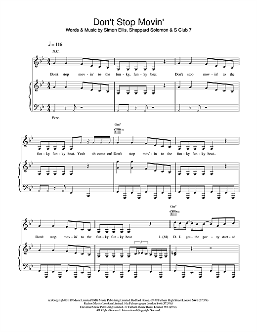 Preview S Club 7 Don't Stop Movin' Pop sheet music, notes and chords for Piano, Vocal & Guitar, SKU: 18429 sheet music, piano notes, chords, guitar tabs, score, transpose, transcribe, how to play, guide, download, learn, tutorial, progression, song, artist, awards, billboard, mtv, vh1, tour, single, album, release