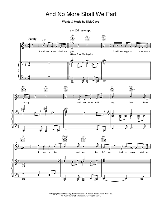 Preview Nick Cave And No More Shall We Part Pop sheet music, notes and chords for Piano, Vocal & Guitar, SKU: 18437 sheet music, piano notes, chords, guitar tabs, score, transpose, transcribe, how to play, guide, download, learn, tutorial, progression, song, artist, awards, billboard, mtv, vh1, tour, single, album, release