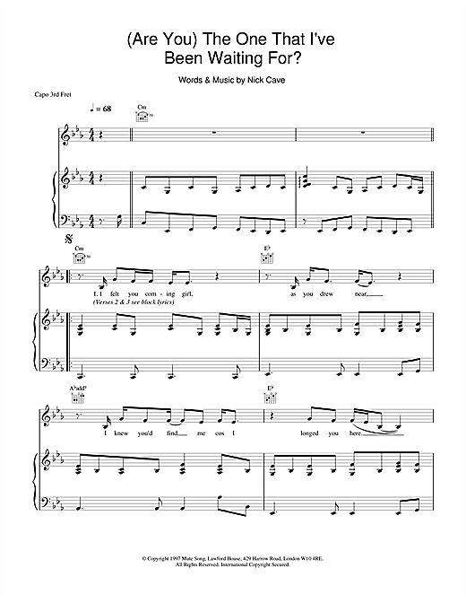 Preview Nick Cave (Are You) The One That I've Been Waiting For? Pop sheet music, notes and chords for Piano, Vocal & Guitar, SKU: 18438 sheet music, piano notes, chords, guitar tabs, score, transpose, transcribe, how to play, guide, download, learn, tutorial, progression, song, artist, awards, billboard, mtv, vh1, tour, single, album, release