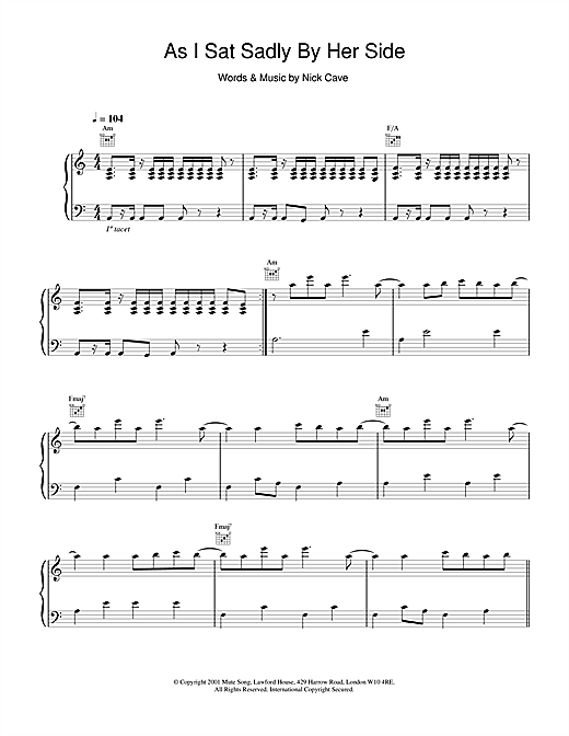 Preview Nick Cave As I Sat Sadly By Her Side Pop sheet music, notes and chords for Piano, Vocal & Guitar, SKU: 18439 sheet music, piano notes, chords, guitar tabs, score, transpose, transcribe, how to play, guide, download, learn, tutorial, progression, song, artist, awards, billboard, mtv, vh1, tour, single, album, release