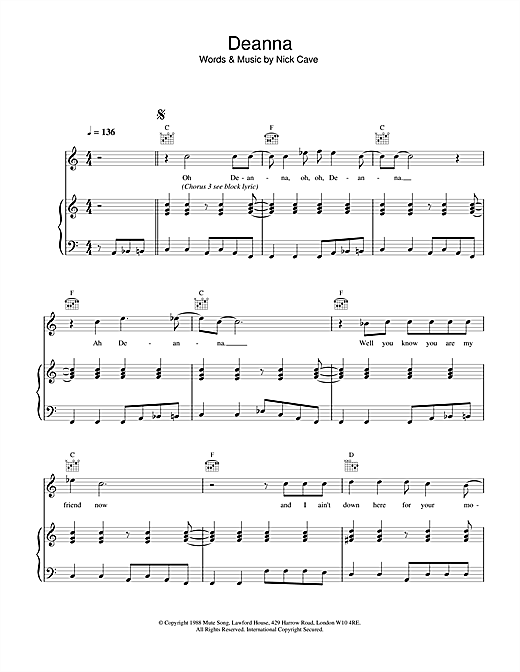 Preview Nick Cave Deanna Pop sheet music, notes and chords for Piano, Vocal & Guitar, SKU: 18440 sheet music, piano notes, chords, guitar tabs, score, transpose, transcribe, how to play, guide, download, learn, tutorial, progression, song, artist, awards, billboard, mtv, vh1, tour, single, album, release