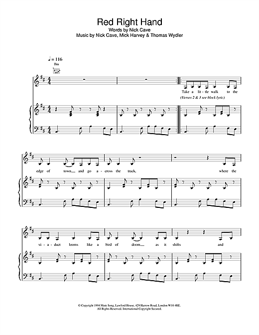 Preview Nick Cave Red Right Hand Pop sheet music, notes and chords for Piano, Vocal & Guitar, SKU: 18444 sheet music, piano notes, chords, guitar tabs, score, transpose, transcribe, how to play, guide, download, learn, tutorial, progression, song, artist, awards, billboard, mtv, vh1, tour, single, album, release