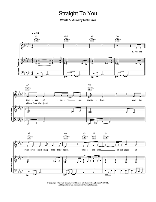Preview Nick Cave Straight To You Pop sheet music, notes and chords for Piano, Vocal & Guitar, SKU: 18445 sheet music, piano notes, chords, guitar tabs, score, transpose, transcribe, how to play, guide, download, learn, tutorial, progression, song, artist, awards, billboard, mtv, vh1, tour, single, album, release
