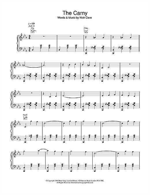 Preview Nick Cave The Carney Pop sheet music, notes and chords for Piano, Vocal & Guitar, SKU: 18447 sheet music, piano notes, chords, guitar tabs, score, transpose, transcribe, how to play, guide, download, learn, tutorial, progression, song, artist, awards, billboard, mtv, vh1, tour, single, album, release