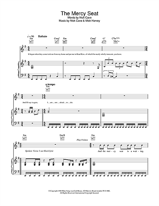 Preview Nick Cave The Mercy Seat Pop sheet music, notes and chords for Piano, Vocal & Guitar, SKU: 18448 sheet music, piano notes, chords, guitar tabs, score, transpose, transcribe, how to play, guide, download, learn, tutorial, progression, song, artist, awards, billboard, mtv, vh1, tour, single, album, release