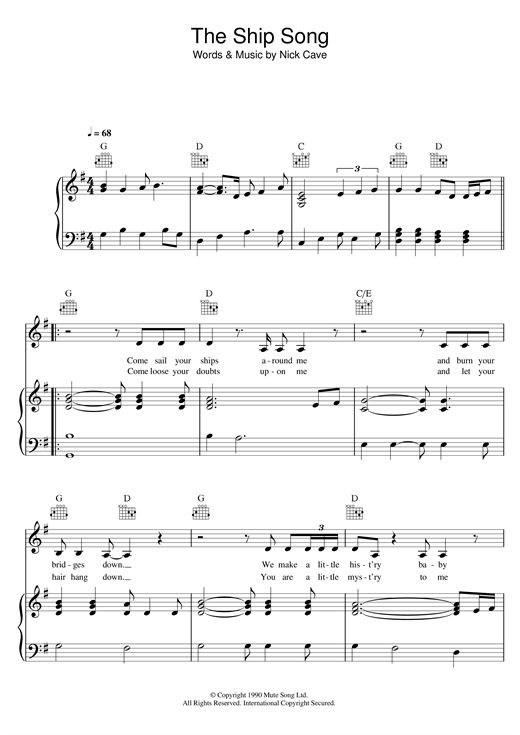 Preview Nick Cave The Ship Song Pop sheet music, notes and chords for Piano, Vocal & Guitar, SKU: 18449 sheet music, piano notes, chords, guitar tabs, score, transpose, transcribe, how to play, guide, download, learn, tutorial, progression, song, artist, awards, billboard, mtv, vh1, tour, single, album, release