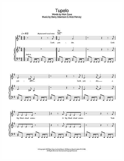 Preview Nick Cave Tupelo Pop sheet music, notes and chords for Piano, Vocal & Guitar, SKU: 18451 sheet music, piano notes, chords, guitar tabs, score, transpose, transcribe, how to play, guide, download, learn, tutorial, progression, song, artist, awards, billboard, mtv, vh1, tour, single, album, release