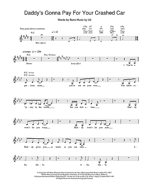 Preview U2 Daddy's Gonna Pay For Your Crashed Car Rock sheet music, notes and chords for Melody Line, Lyrics & Chords, SKU: 18453 sheet music, piano notes, chords, guitar tabs, score, transpose, transcribe, how to play, guide, download, learn, tutorial, progression, song, artist, awards, billboard, mtv, vh1, tour, single, album, release