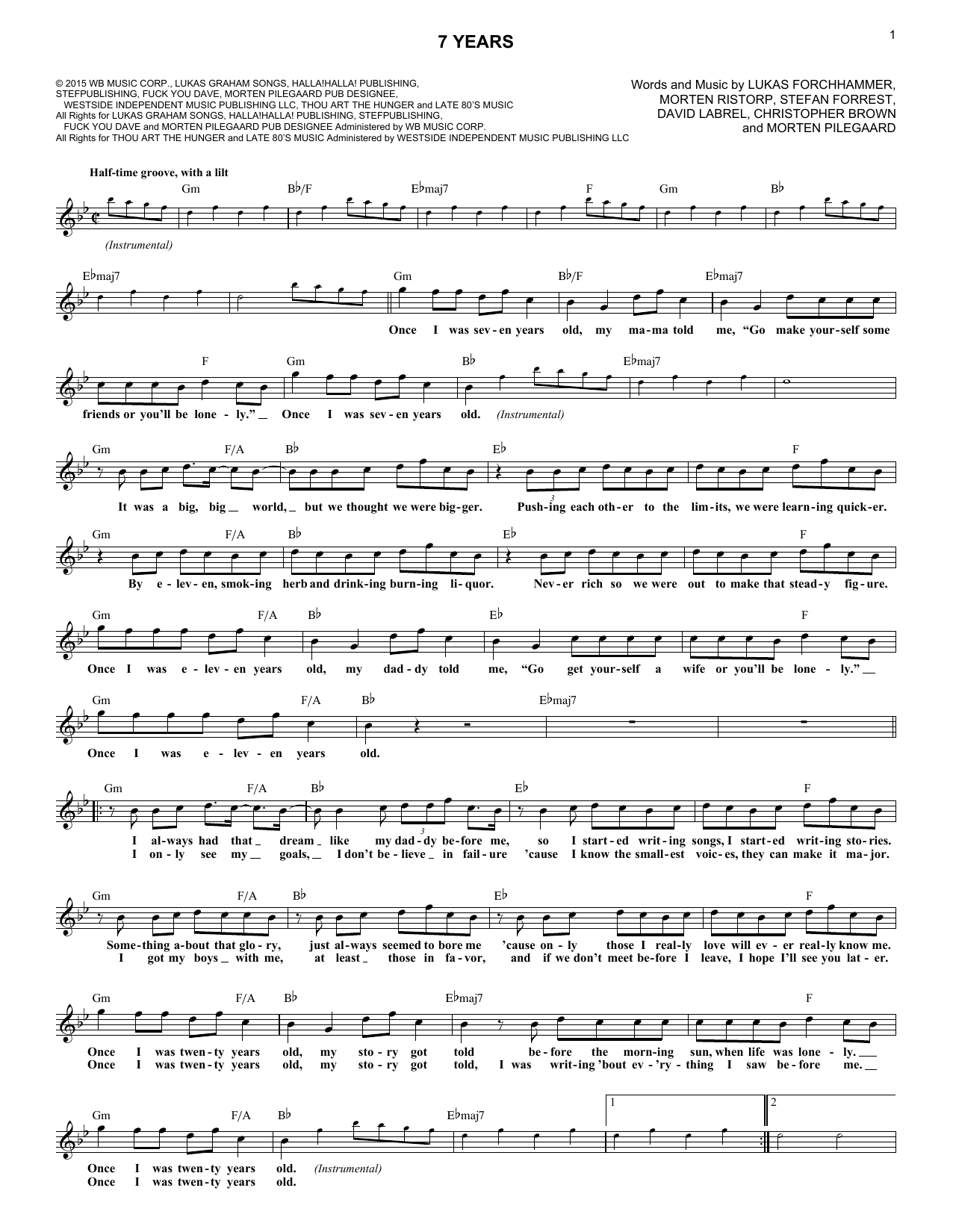 Preview Lukas Graham 7 Years Rock sheet music, notes and chords for Melody Line, Lyrics & Chords, SKU: 184542 sheet music, piano notes, chords, guitar tabs, score, transpose, transcribe, how to play, guide, download, learn, tutorial, progression, song, artist, awards, billboard, mtv, vh1, tour, single, album, release