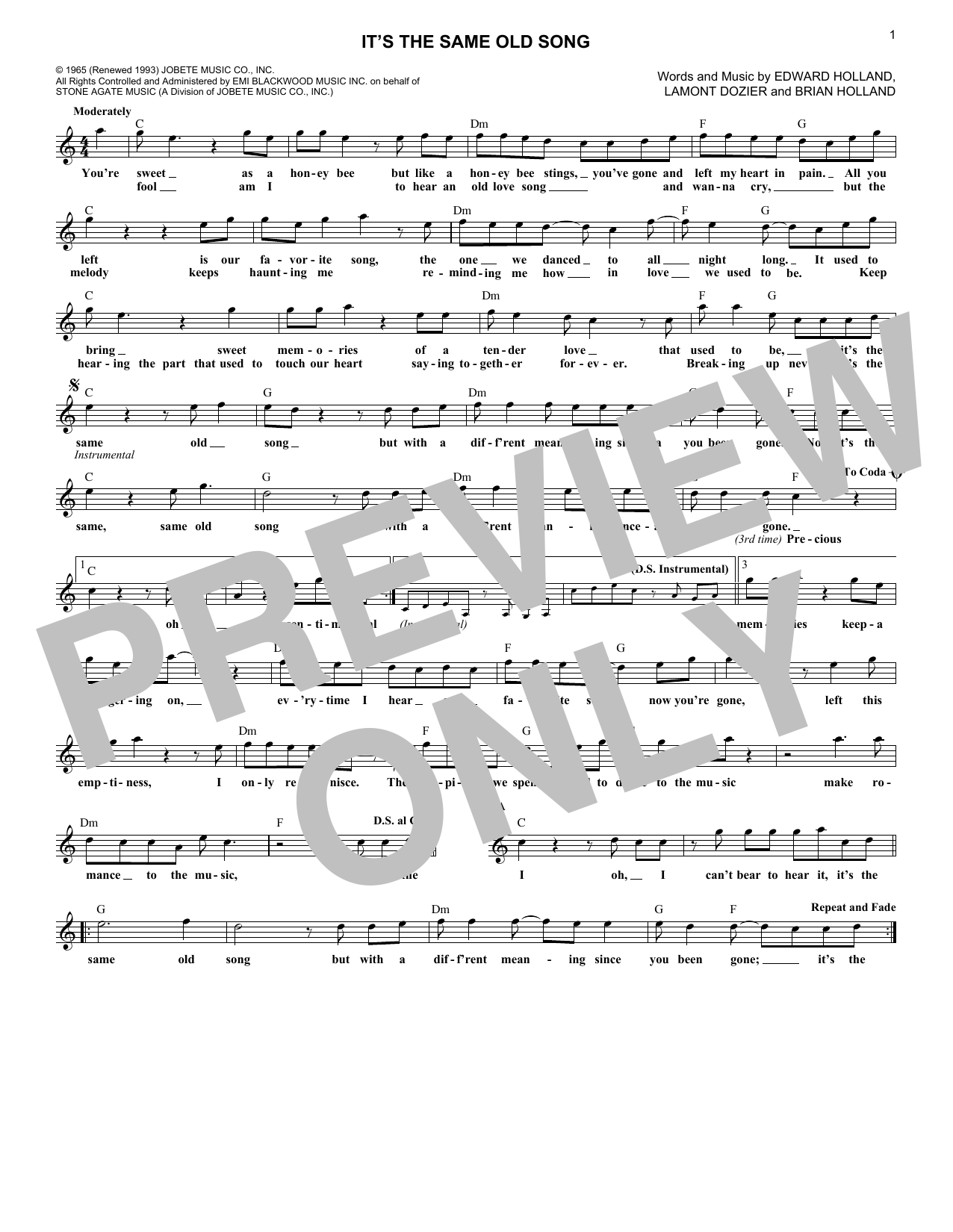 Preview The Four Tops It's The Same Old Song Pop sheet music, notes and chords for Melody Line, Lyrics & Chords, SKU: 184561 sheet music, piano notes, chords, guitar tabs, score, transpose, transcribe, how to play, guide, download, learn, tutorial, progression, song, artist, awards, billboard, mtv, vh1, tour, single, album, release