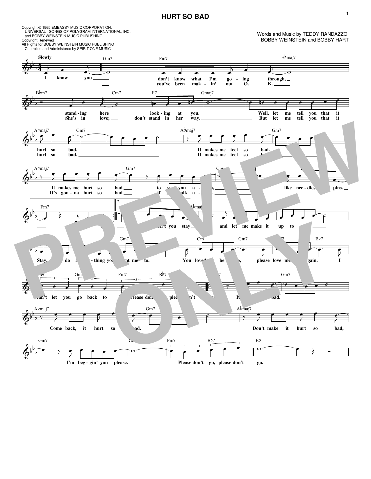 Preview Little Anthony & The Imperials Hurt So Bad Pop sheet music, notes and chords for Melody Line, Lyrics & Chords, SKU: 184564 sheet music, piano notes, chords, guitar tabs, score, transpose, transcribe, how to play, guide, download, learn, tutorial, progression, song, artist, awards, billboard, mtv, vh1, tour, single, album, release