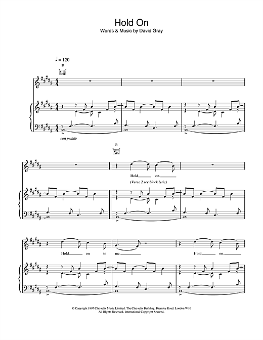 Preview David Gray Hold On Rock sheet music, notes and chords for Piano, Vocal & Guitar, SKU: 18457 sheet music, piano notes, chords, guitar tabs, score, transpose, transcribe, how to play, guide, download, learn, tutorial, progression, song, artist, awards, billboard, mtv, vh1, tour, single, album, release
