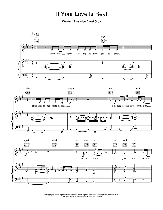 Preview David Gray If Your Love Is Real Rock sheet music, notes and chords for Piano, Vocal & Guitar, SKU: 18458 sheet music, piano notes, chords, guitar tabs, score, transpose, transcribe, how to play, guide, download, learn, tutorial, progression, song, artist, awards, billboard, mtv, vh1, tour, single, album, release