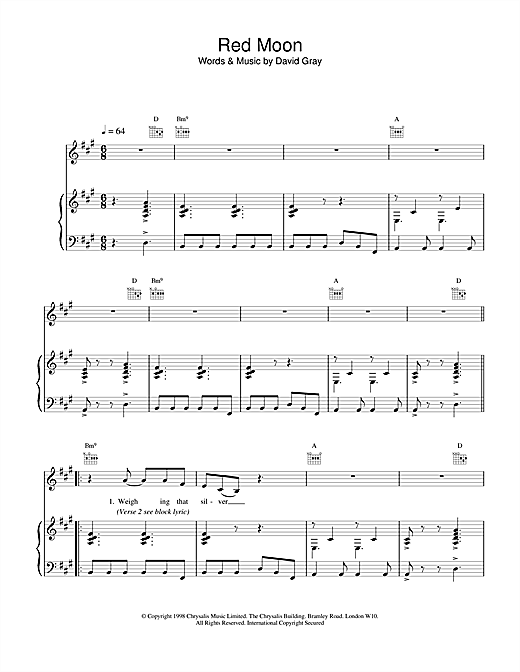 Preview David Gray Red Moon Rock sheet music, notes and chords for Piano, Vocal & Guitar, SKU: 18461 sheet music, piano notes, chords, guitar tabs, score, transpose, transcribe, how to play, guide, download, learn, tutorial, progression, song, artist, awards, billboard, mtv, vh1, tour, single, album, release