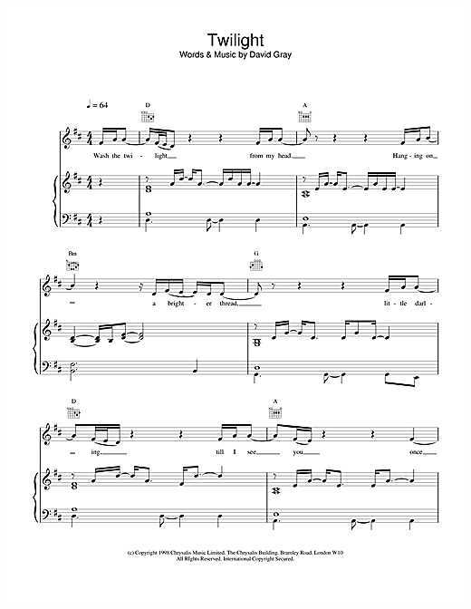 Preview David Gray Twilight Rock sheet music, notes and chords for Piano, Vocal & Guitar, SKU: 18462 sheet music, piano notes, chords, guitar tabs, score, transpose, transcribe, how to play, guide, download, learn, tutorial, progression, song, artist, awards, billboard, mtv, vh1, tour, single, album, release