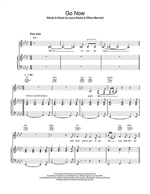 Preview Bessie Banks Go Now Soul sheet music, notes and chords for Piano, Vocal & Guitar, SKU: 18469 sheet music, piano notes, chords, guitar tabs, score, transpose, transcribe, how to play, guide, download, learn, tutorial, progression, song, artist, awards, billboard, mtv, vh1, tour, single, album, release