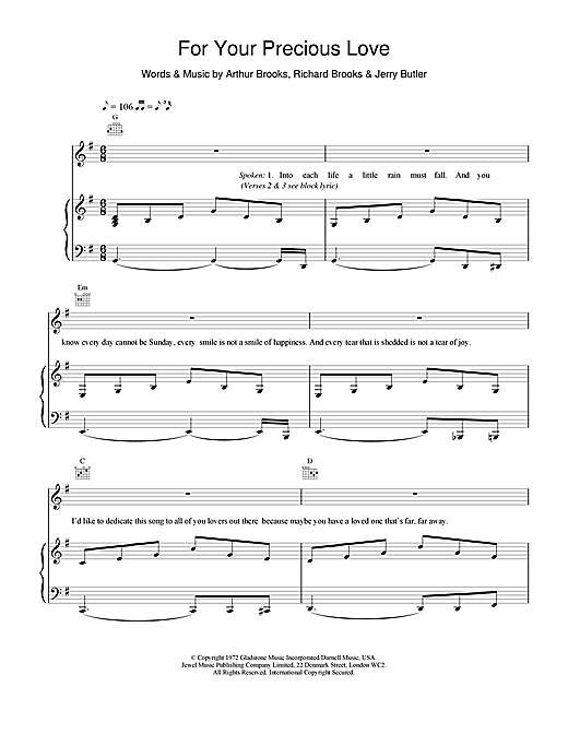 Preview James Brown For Your Precious Love Pop sheet music, notes and chords for Piano, Vocal & Guitar, SKU: 18472 sheet music, piano notes, chords, guitar tabs, score, transpose, transcribe, how to play, guide, download, learn, tutorial, progression, song, artist, awards, billboard, mtv, vh1, tour, single, album, release
