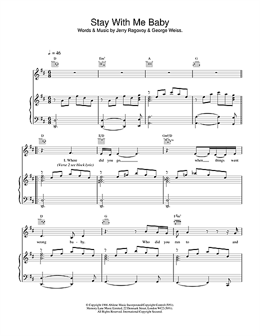 Preview The Walker Brothers Stay With Me Baby Pop sheet music, notes and chords for Piano, Vocal & Guitar, SKU: 18474 sheet music, piano notes, chords, guitar tabs, score, transpose, transcribe, how to play, guide, download, learn, tutorial, progression, song, artist, awards, billboard, mtv, vh1, tour, single, album, release