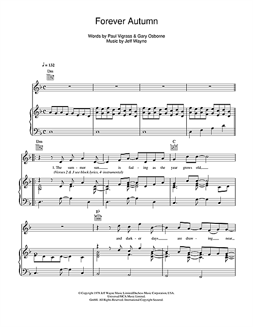 Preview Jeff Wayne Forever Autumn (from War Of The Worlds) Rock sheet music, notes and chords for Piano, Vocal & Guitar (Right-Hand Melody), SKU: 18476 sheet music, piano notes, chords, guitar tabs, score, transpose, transcribe, how to play, guide, download, learn, tutorial, progression, song, artist, awards, billboard, mtv, vh1, tour, single, album, release