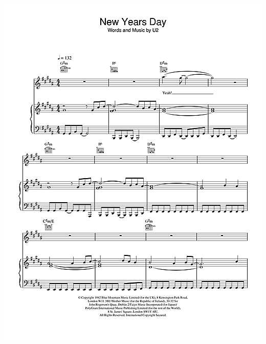 Preview U2 New Year's Day Rock sheet music, notes and chords for Piano, Vocal & Guitar, SKU: 18477 sheet music, piano notes, chords, guitar tabs, score, transpose, transcribe, how to play, guide, download, learn, tutorial, progression, song, artist, awards, billboard, mtv, vh1, tour, single, album, release