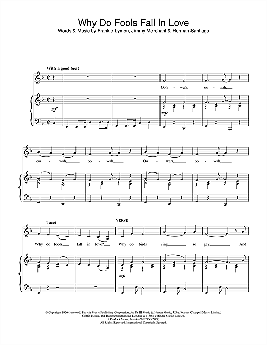 Preview Frankie Lymon Why Do Fools Fall In Love Soul sheet music, notes and chords for Piano, Vocal & Guitar (Right-Hand Melody), SKU: 18479 sheet music, piano notes, chords, guitar tabs, score, transpose, transcribe, how to play, guide, download, learn, tutorial, progression, song, artist, awards, billboard, mtv, vh1, tour, single, album, release