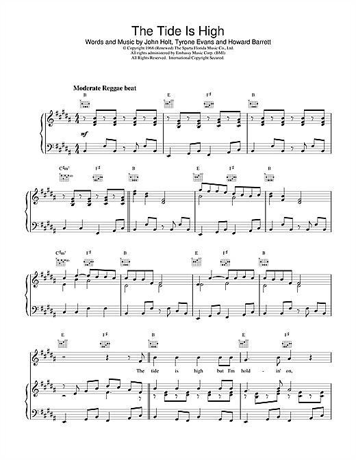 Preview Blondie The Tide Is High Pop sheet music, notes and chords for Piano, Vocal & Guitar (Right-Hand Melody), SKU: 18480 sheet music, piano notes, chords, guitar tabs, score, transpose, transcribe, how to play, guide, download, learn, tutorial, progression, song, artist, awards, billboard, mtv, vh1, tour, single, album, release