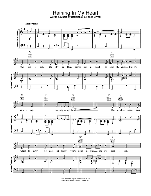 Preview Buddy Holly Raining In My Heart Pop sheet music, notes and chords for Piano, Vocal & Guitar (Right-Hand Melody), SKU: 18482 sheet music, piano notes, chords, guitar tabs, score, transpose, transcribe, how to play, guide, download, learn, tutorial, progression, song, artist, awards, billboard, mtv, vh1, tour, single, album, release