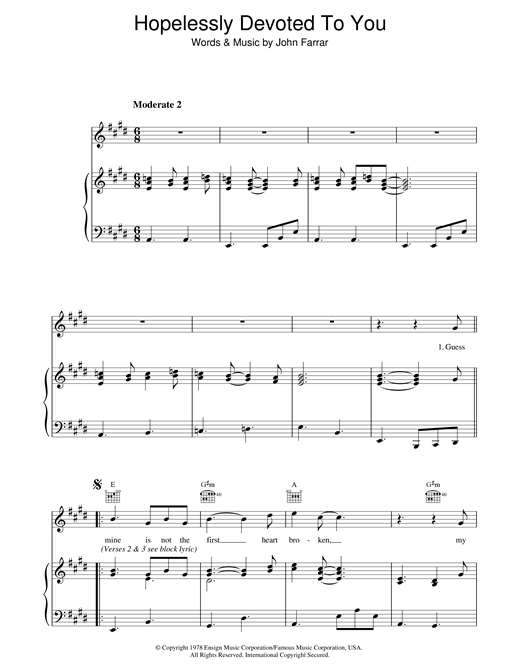 Preview Olivia Newton-John Hopelessly Devoted To You (from Grease) Pop sheet music, notes and chords for Piano, Vocal & Guitar (Right-Hand Melody), SKU: 18483 sheet music, piano notes, chords, guitar tabs, score, transpose, transcribe, how to play, guide, download, learn, tutorial, progression, song, artist, awards, billboard, mtv, vh1, tour, single, album, release