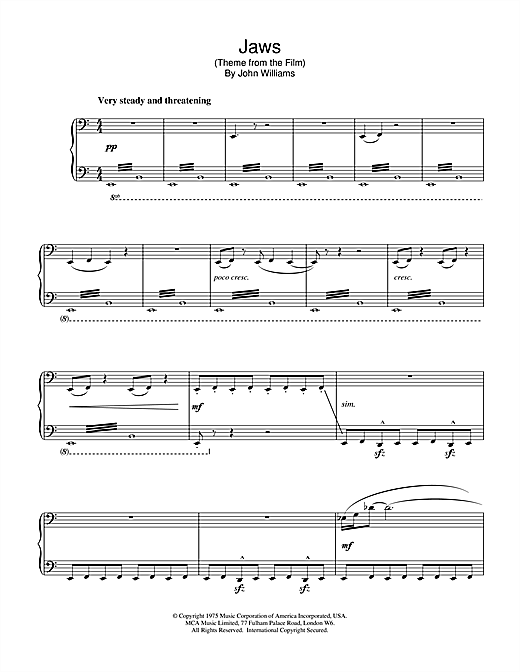 Preview John Williams Jaws (Theme from the Film) Film and TV sheet music, notes and chords for Piano, SKU: 18484 sheet music, piano notes, chords, guitar tabs, score, transpose, transcribe, how to play, guide, download, learn, tutorial, progression, song, artist, awards, billboard, mtv, vh1, tour, single, album, release