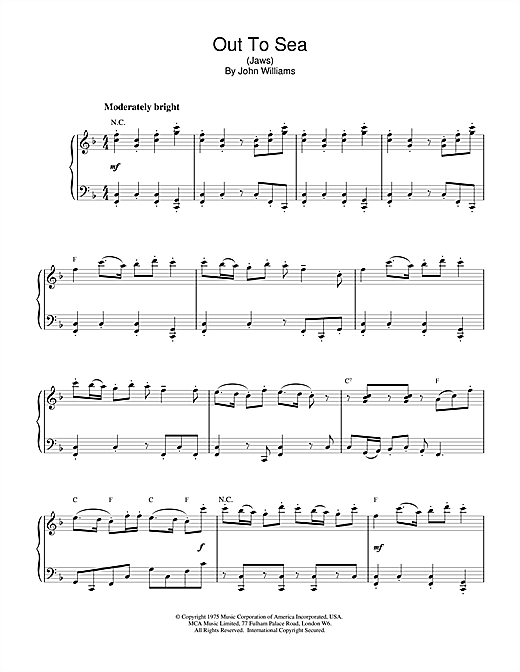 Preview John Williams Out To Sea (from Jaws) Film and TV sheet music, notes and chords for Piano, SKU: 18489 sheet music, piano notes, chords, guitar tabs, score, transpose, transcribe, how to play, guide, download, learn, tutorial, progression, song, artist, awards, billboard, mtv, vh1, tour, single, album, release