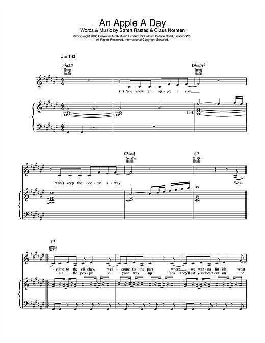 Preview Aqua An Apple A Day Pop sheet music, notes and chords for Piano, Vocal & Guitar, SKU: 18493 sheet music, piano notes, chords, guitar tabs, score, transpose, transcribe, how to play, guide, download, learn, tutorial, progression, song, artist, awards, billboard, mtv, vh1, tour, single, album, release