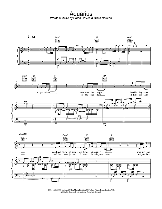Preview Aqua Aquarius Pop sheet music, notes and chords for Piano, Vocal & Guitar, SKU: 18494 sheet music, piano notes, chords, guitar tabs, score, transpose, transcribe, how to play, guide, download, learn, tutorial, progression, song, artist, awards, billboard, mtv, vh1, tour, single, album, release