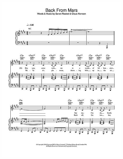 Preview Aqua Back From Mars Pop sheet music, notes and chords for Piano, Vocal & Guitar, SKU: 18496 sheet music, piano notes, chords, guitar tabs, score, transpose, transcribe, how to play, guide, download, learn, tutorial, progression, song, artist, awards, billboard, mtv, vh1, tour, single, album, release
