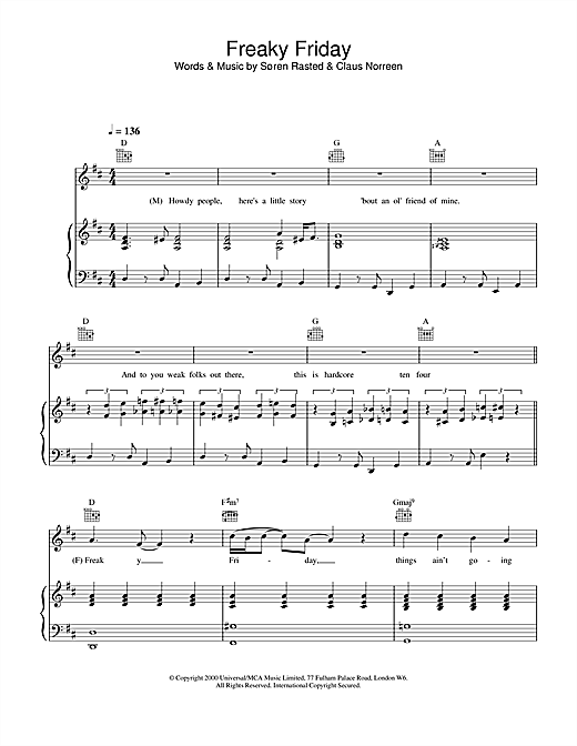 Preview Aqua Freaky Friday Pop sheet music, notes and chords for Piano, Vocal & Guitar, SKU: 18500 sheet music, piano notes, chords, guitar tabs, score, transpose, transcribe, how to play, guide, download, learn, tutorial, progression, song, artist, awards, billboard, mtv, vh1, tour, single, album, release
