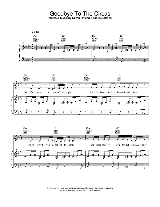 Preview Aqua Goodbye To The Circus Pop sheet music, notes and chords for Piano, Vocal & Guitar, SKU: 18502 sheet music, piano notes, chords, guitar tabs, score, transpose, transcribe, how to play, guide, download, learn, tutorial, progression, song, artist, awards, billboard, mtv, vh1, tour, single, album, release