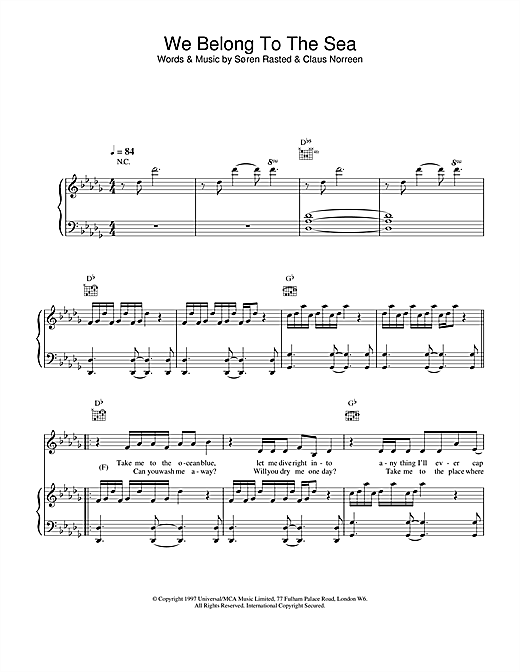 Preview Aqua We Belong To The Sea Pop sheet music, notes and chords for Piano, Vocal & Guitar, SKU: 18504 sheet music, piano notes, chords, guitar tabs, score, transpose, transcribe, how to play, guide, download, learn, tutorial, progression, song, artist, awards, billboard, mtv, vh1, tour, single, album, release