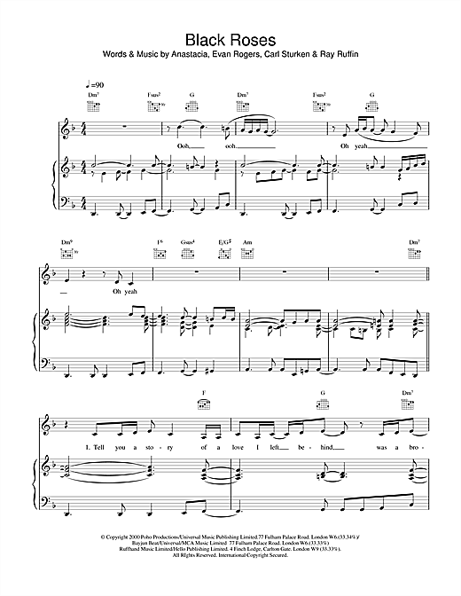 Preview Anastacia Black Roses R & B sheet music, notes and chords for Piano, Vocal & Guitar (Right-Hand Melody), SKU: 18505 sheet music, piano notes, chords, guitar tabs, score, transpose, transcribe, how to play, guide, download, learn, tutorial, progression, song, artist, awards, billboard, mtv, vh1, tour, single, album, release