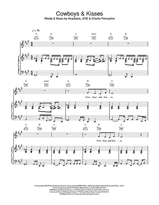 Preview Anastacia Cowboys & Kisses R & B sheet music, notes and chords for Piano, Vocal & Guitar (Right-Hand Melody), SKU: 18506 sheet music, piano notes, chords, guitar tabs, score, transpose, transcribe, how to play, guide, download, learn, tutorial, progression, song, artist, awards, billboard, mtv, vh1, tour, single, album, release