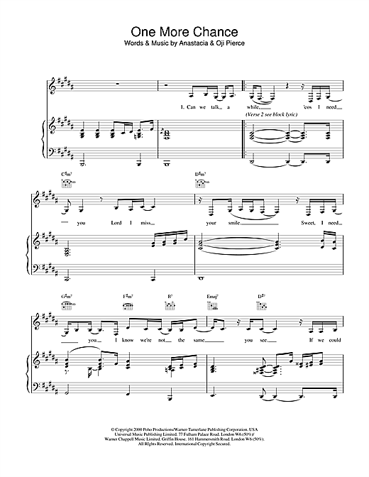 Preview Anastacia One More Chance R & B sheet music, notes and chords for Piano, Vocal & Guitar, SKU: 18508 sheet music, piano notes, chords, guitar tabs, score, transpose, transcribe, how to play, guide, download, learn, tutorial, progression, song, artist, awards, billboard, mtv, vh1, tour, single, album, release