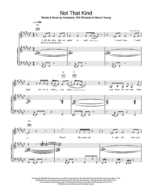 Preview Anastacia Not That Kind R & B sheet music, notes and chords for Piano, Vocal & Guitar, SKU: 18509 sheet music, piano notes, chords, guitar tabs, score, transpose, transcribe, how to play, guide, download, learn, tutorial, progression, song, artist, awards, billboard, mtv, vh1, tour, single, album, release