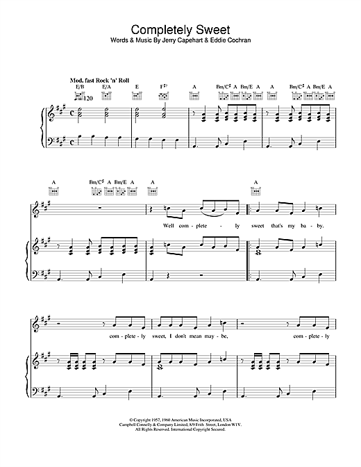 Preview Eddie Cochran Completely Sweet Rock N Roll sheet music, notes and chords for Piano, Vocal & Guitar (Right-Hand Melody), SKU: 18514 sheet music, piano notes, chords, guitar tabs, score, transpose, transcribe, how to play, guide, download, learn, tutorial, progression, song, artist, awards, billboard, mtv, vh1, tour, single, album, release