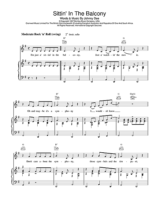 Preview Eddie Cochran Sittin' In The Balcony Rock N Roll sheet music, notes and chords for Piano, Vocal & Guitar (Right-Hand Melody), SKU: 18519 sheet music, piano notes, chords, guitar tabs, score, transpose, transcribe, how to play, guide, download, learn, tutorial, progression, song, artist, awards, billboard, mtv, vh1, tour, single, album, release