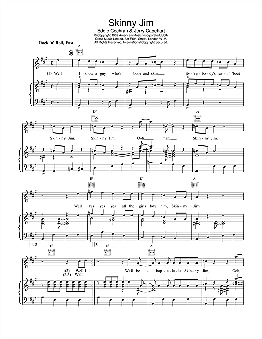 Preview Eddie Cochran Skinny Jim Rock N Roll sheet music, notes and chords for Piano, Vocal & Guitar (Right-Hand Melody), SKU: 18520 sheet music, piano notes, chords, guitar tabs, score, transpose, transcribe, how to play, guide, download, learn, tutorial, progression, song, artist, awards, billboard, mtv, vh1, tour, single, album, release