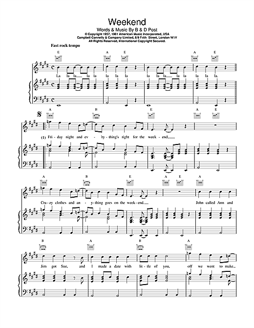 Preview Eddie Cochran Weekend Rock N Roll sheet music, notes and chords for Piano, Vocal & Guitar (Right-Hand Melody), SKU: 18522 sheet music, piano notes, chords, guitar tabs, score, transpose, transcribe, how to play, guide, download, learn, tutorial, progression, song, artist, awards, billboard, mtv, vh1, tour, single, album, release