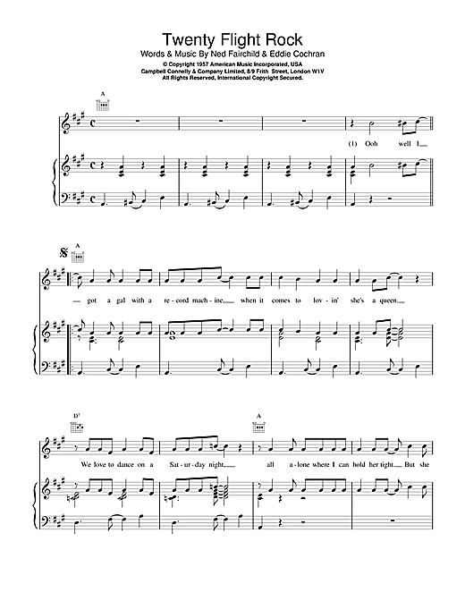 Preview Eddie Cochran Twenty Flight Rock Rock N Roll sheet music, notes and chords for Piano, Vocal & Guitar (Right-Hand Melody), SKU: 18523 sheet music, piano notes, chords, guitar tabs, score, transpose, transcribe, how to play, guide, download, learn, tutorial, progression, song, artist, awards, billboard, mtv, vh1, tour, single, album, release