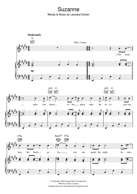 Preview Leonard Cohen Suzanne Rock sheet music, notes and chords for Piano, Vocal & Guitar (Right-Hand Melody), SKU: 18528 sheet music, piano notes, chords, guitar tabs, score, transpose, transcribe, how to play, guide, download, learn, tutorial, progression, song, artist, awards, billboard, mtv, vh1, tour, single, album, release