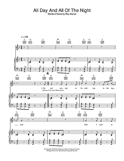 Preview The Kinks All Day And All Of The Night Rock sheet music, notes and chords for Piano, Vocal & Guitar, SKU: 18529 sheet music, piano notes, chords, guitar tabs, score, transpose, transcribe, how to play, guide, download, learn, tutorial, progression, song, artist, awards, billboard, mtv, vh1, tour, single, album, release