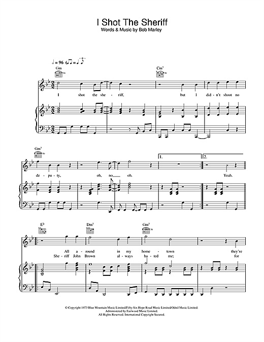 Preview Warren G I Shot The Sherrif Pop sheet music, notes and chords for Piano, Vocal & Guitar (Right-Hand Melody), SKU: 18530 sheet music, piano notes, chords, guitar tabs, score, transpose, transcribe, how to play, guide, download, learn, tutorial, progression, song, artist, awards, billboard, mtv, vh1, tour, single, album, release