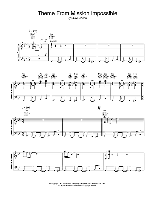 Preview Lalo Schifrin Mission: Impossible Theme (Mission Accomplished) Film and TV sheet music, notes and chords for Piano, Vocal & Guitar (Right-Hand Melody), SKU: 18531 sheet music, piano notes, chords, guitar tabs, score, transpose, transcribe, how to play, guide, download, learn, tutorial, progression, song, artist, awards, billboard, mtv, vh1, tour, single, album, release